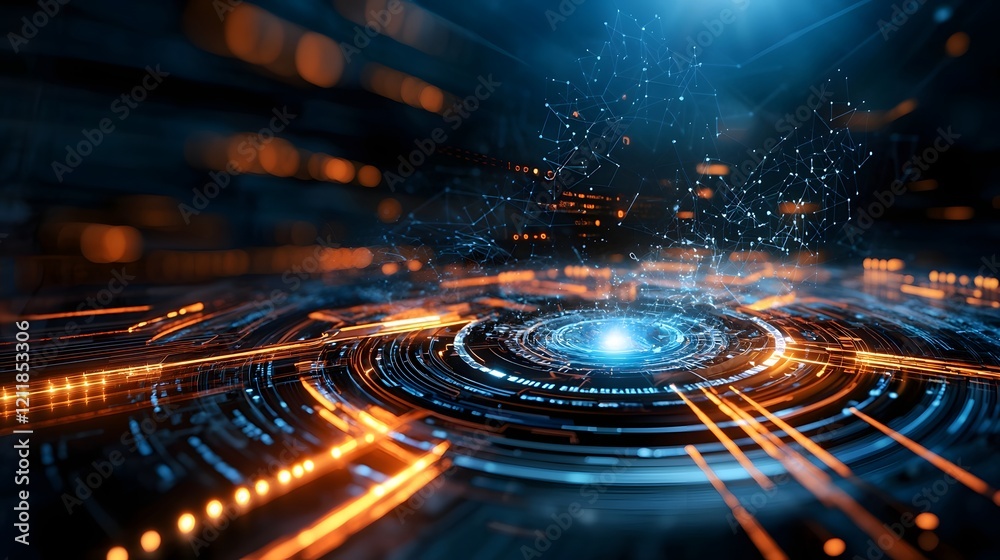 Poster quantum computer analyzing quark gluon plasma in high energy particle collisions leaving copy space 
