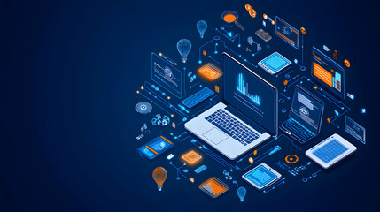 Digital innovation laptop, mobile devices, data streams; futuristic background; tech illustration for websites, presentations