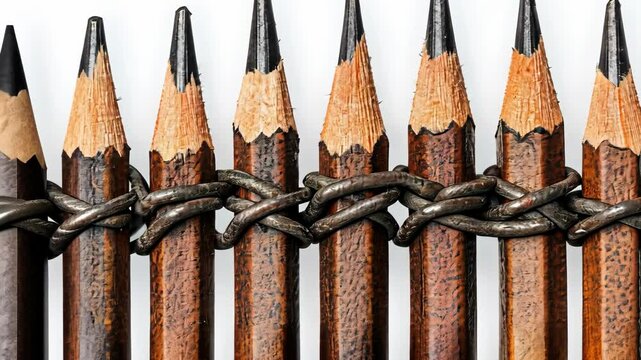Creative arrangement of sharpened wooden pencils tied with wire on a white background