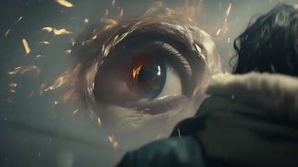 Giant eye with fire, person looking.