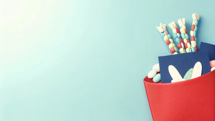 Colorful Easter Basket with Eggs and Festive Decorations