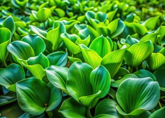 Obraz premium Dark green water hyacinth leaves, a close-up botanical portrait against a natural aquatic backdrop.