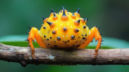 Spiny orb-weaver spider on branch, rainforest background, nature macro photography, stock image