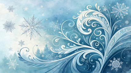 Abstract watercolor background of swirling icy blues and silvery whites, evoking frosty crisp morning, with copy space