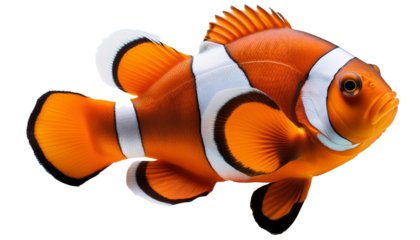 A striking clown fish with vibrant orange and white stripes set against a clean white background, showcasing its unique anatomy and aquatic beauty.