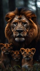 Fototapeta premium majestic lion portrait, regal mane, intense gaze, three lion cubs, dark background, dramatic lighting, realistic fur texture, wildlife photography, close-up, family portrait, contrasting shadows