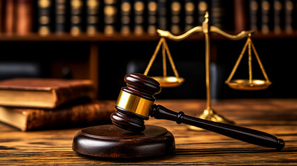 Gavel, Scales of Justice: Symbols of Law and Order in Courtroom Setting