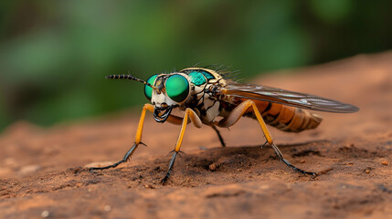 Emerald-eyed fly on reddish-brown ground, blurred green background; nature macro photography for science publications