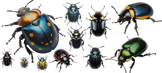 Collection of colorful beetles and insects isolated on png background