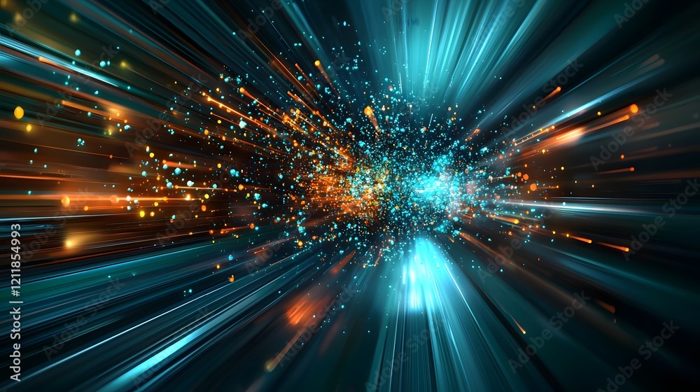 Poster quantum computing simulation visualizing color charge interactions among quarks in a stunning abstra