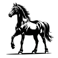 A striking black-and-white illustration of a powerful horse in motion, showcasing its strength and elegance with bold lines and dynamic posture