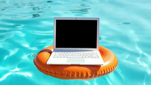 Laptop on orange inflatable lap floating in clear pool water with glare of sunlight. Concept of vacation, office weekend, do not disturb, always on call. Mockup, template for design or text
