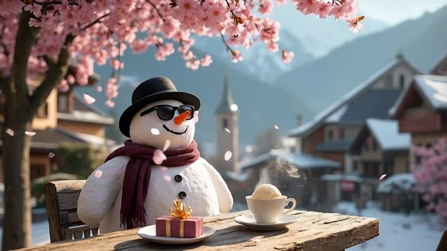  a snowman in a black hat, black glasses and a bard scarf sits at a table under a cherry blossom tree
