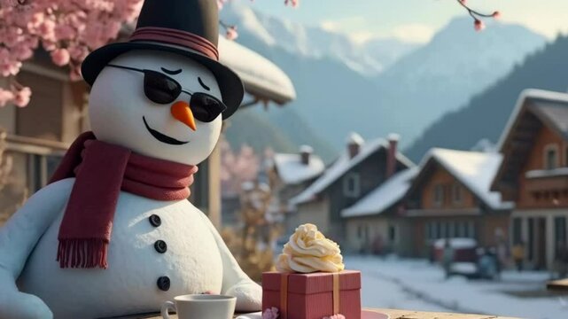  a snowman in a black hat, black glasses and a bard scarf sits at a table under a cherry blossom tree