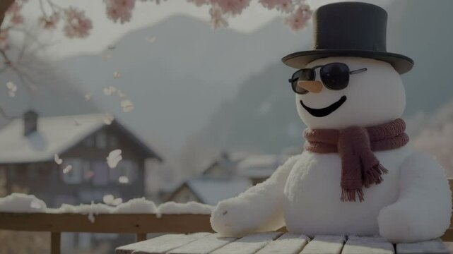  a snowman in a black hat, black glasses and a bard scarf sits at a table under a cherry blossom tree