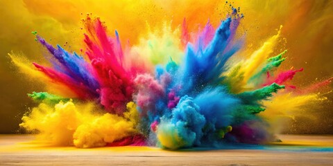 Fototapeta premium Vibrant Holi powder explodes across a yellow shabby chic backdrop, a panoramic celebration of color.