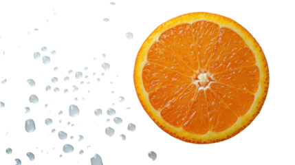 A vibrant orange slice against a clean white background with scattered ice droplets glistening