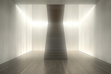 Minimalist wooden staircase in bright room.