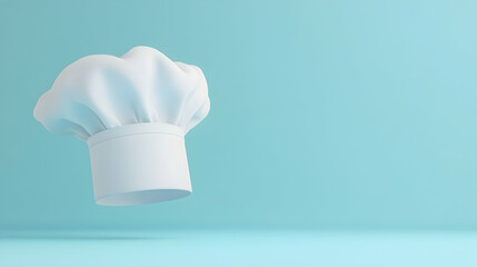 Floating chef hat, pastel blue background, culinary concept, website banner