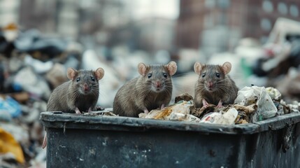 rats sit on garbage containers overflowing with waste and garbage, concept of the problem with garbage collection in cities, reproduction of parasites and rodents