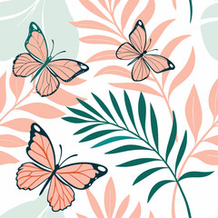 Fototapeta premium Abstract butterfly shapes watercolor background in coral and mint colors, energetic and modern, perfect for modern spring fashion designs