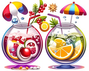Two refreshing summer cocktails in fishbowls with fruit, ice, and umbrellas.