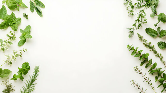 Fresh herbs border on white background; cooking recipe template