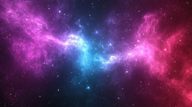 Cosmic Nebula Pink, blue gases swirl in space; starry background; science fiction backdrop