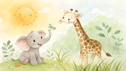 Naklejka premium Baby elephants and giraffes cheerful and heartwarming basking in the sun with a soft yellow and green watercolor background with copy space