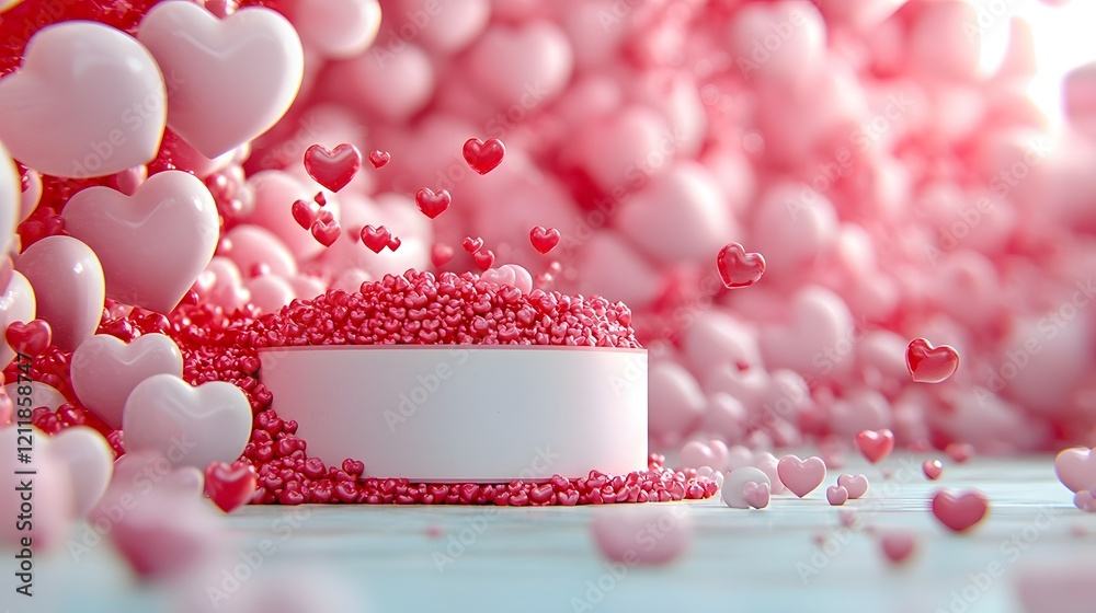 Poster elegant valentine s day backdrop with floating glossy hearts in shades of pink and red surrounding a