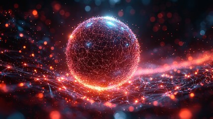 Illuminated digital sphere amidst swirling glowing particles and intricate network connections in a cosmic setting