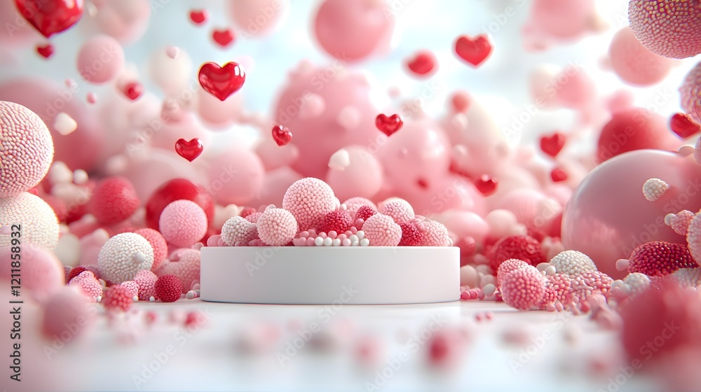 Poster elegant floating red and pink glossy balloon hearts background for romantic product showcase and val