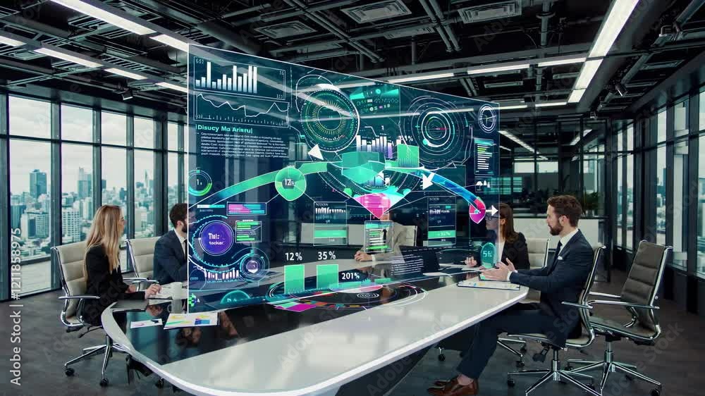 Poster business meeting showcasing high-tech presentations and data analysis in a modern office space