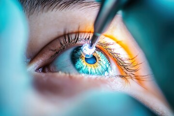 Close-up action of eye implant placement showcasing precision in a surgical procedure