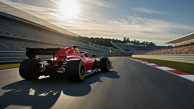 Race car, driving and speed with formula one car on track for motorsport competition. Racing, vehicle and automobile for championship, circuit and power at sport event