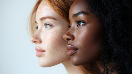 Obraz premium In a thoughtful moment, two women stand side by side, showcasing their shoulder curves and distinct features. The interplay of light emphasizes their diverse beauty and unity