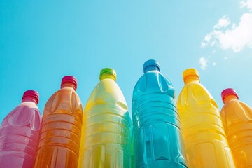 Stack of plastic bottles for recycling against blue sky, Generative AI