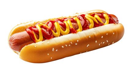 Delicious hot dog with ketchup and mustard on a sesame seed bun served in the daylight isolated on transparent background
