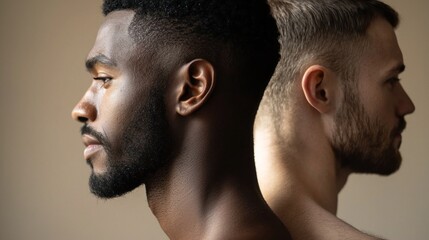 Naklejka premium Two men stand back to back, their strong shoulders highlighted. One has a rich, dark skin tone and a full beard, while the other has fair skin and a subtle stubble. The setting is serene