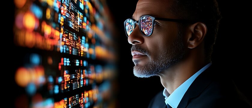 Man in glasses observing data stream.