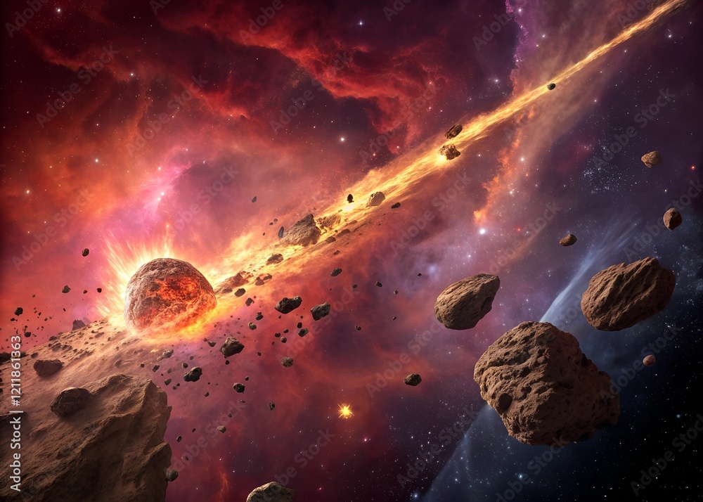 Poster asteroid field explodes in fiery cosmic destruction within a nebula
