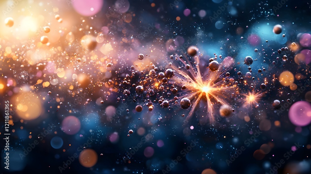 Poster quantum computing simulation visualizing nuclear fission reactions highlighting the dynamic splittin