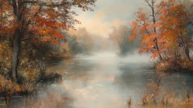 An oil painting of a misty river surrounded by autumn trees in the morning