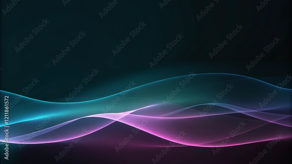 Leinwandbilder Wave lines neural network purple blue and green light isolated on black background. Concept of technology, machine learning, digital data visualization glowing flow sci fi background