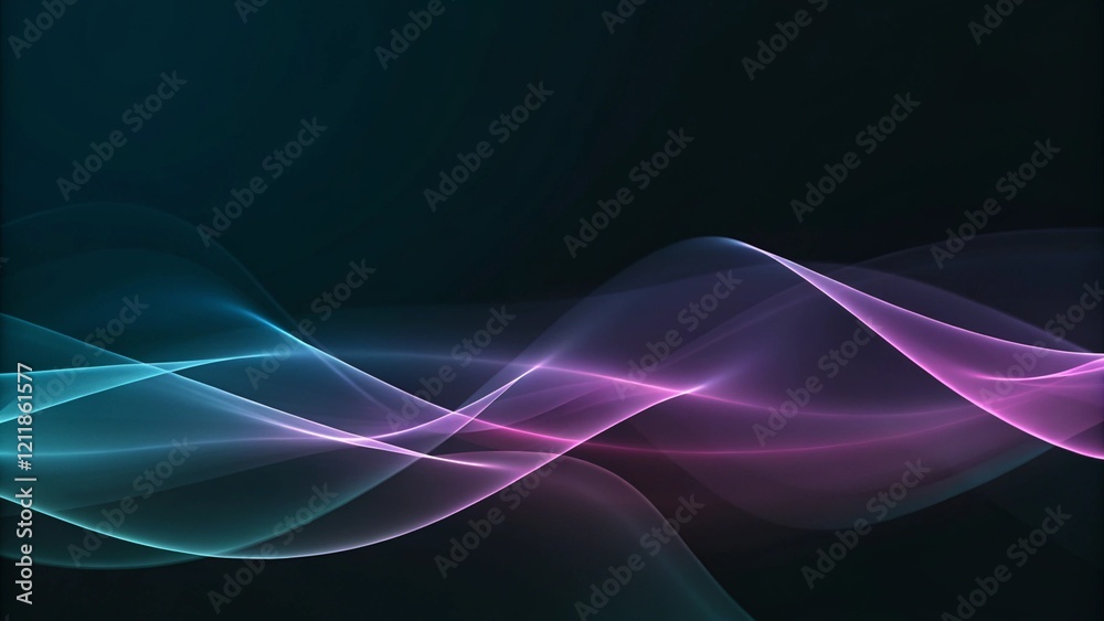 Fototapete wave lines neural network purple blue and green light isolated on black background. concept of techn