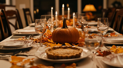 A festive Thanksgiving table setting with a pumpkin centerpiece, fall leaves, candles, and traditional dishes like stuffing and pie, creating a warm, welcoming atmosphere for the holiday.