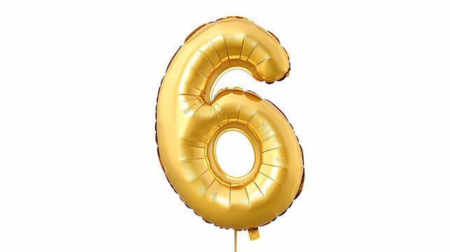 Golden number six balloon on white background, suitable for birthday celebrations or age related graphics
