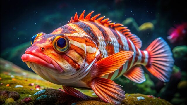 A close-up of a redbanded rockfish, low light,  ocean floor.