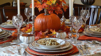 A festive Thanksgiving table setting with a pumpkin centerpiece, fall leaves, candles, and traditional dishes like stuffing and pie, creating a warm, welcoming atmosphere for the holiday.