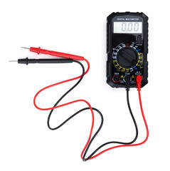 Digital multimeter with probes and display isolated on white background.